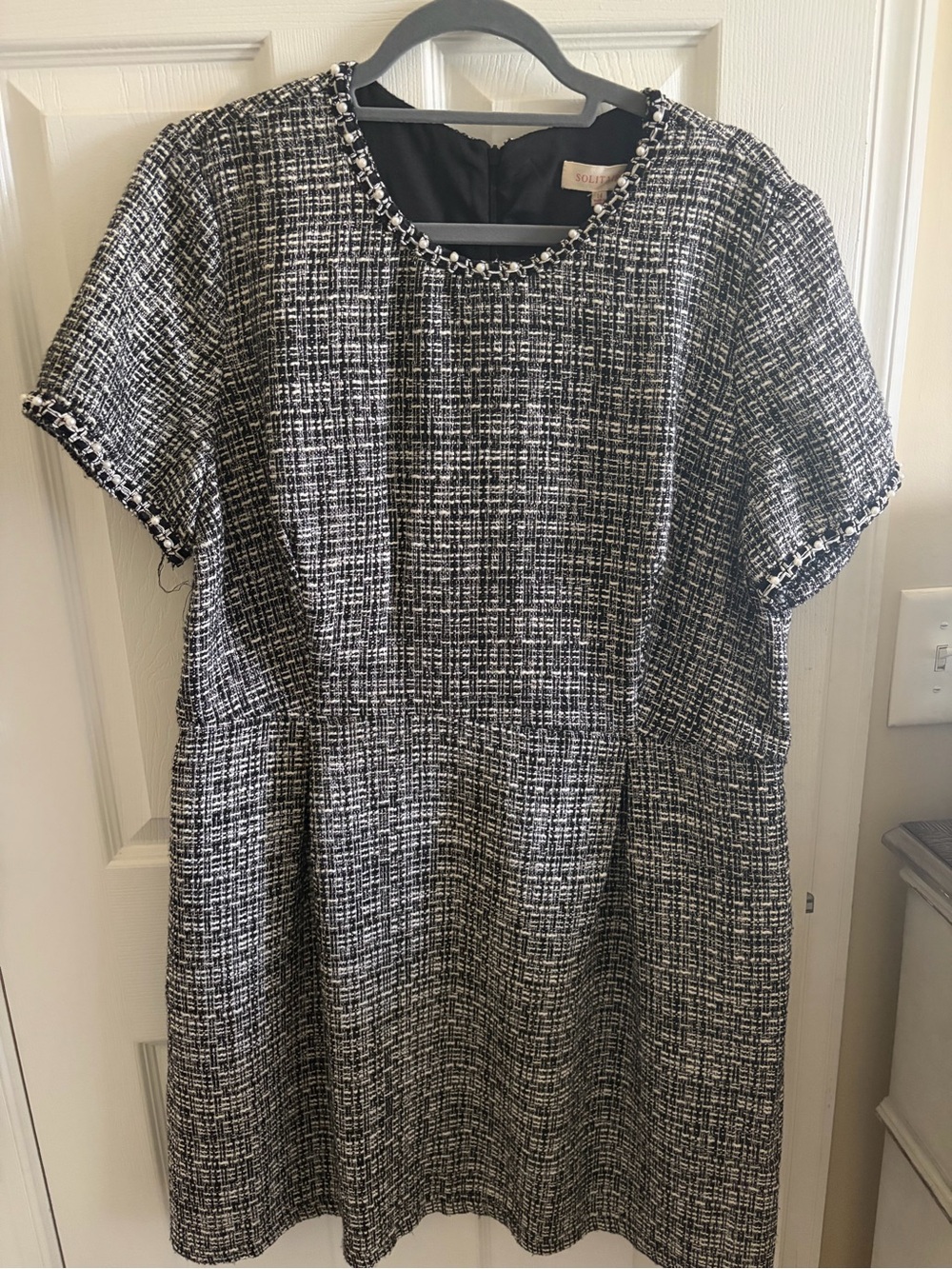Black & White Tweed Short Sleeve Pleated Shift Dress